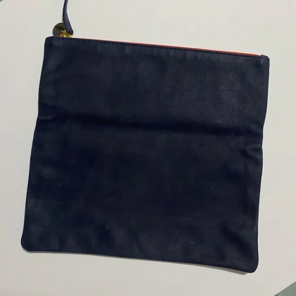 Clare V. Fold over suede leather clutch. Lined with chambray fabric. Navy - Picture 4 of 6